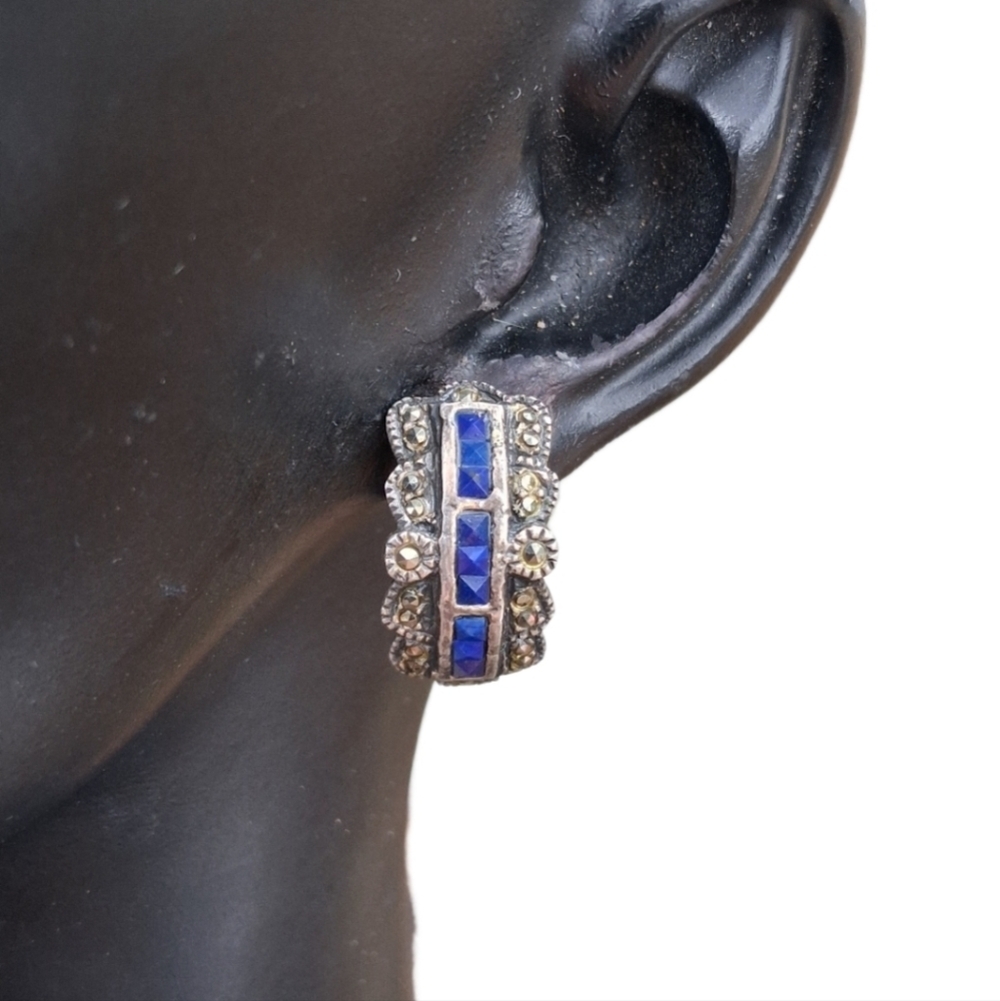 Sterling Silver Marcasite & Sapphire Blue Art Deco Style Earrings